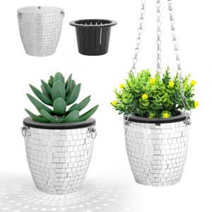 Pot de Fleur Suspendu Boule &agrave; Facette,Panier Boule Disco,Cache Pot Boule Disco,Pot de Fleur Suspendu Boule Disco Avec Corde,Argent&eacute; Mosaique Miroir Disco Decor Jardini&egrave;re pour Cactus Succulent,4 Pouce (Qiumy, neuf)