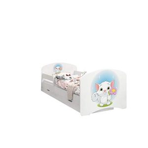 Happy Babies - LIT D'ENFANT DOUBLE FACE AVEC TIROIR Design moderne avec bords s&eacute;curis&eacute;s et matelas en mousse antichute 7 cm (Chat avec fleur, 140x70) (EuroTrip, neuf)
