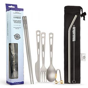 finessCity M&eacute;nag&egrave;re Utilitaire en Titane Ultra r&eacute;sistant Ultra l&eacute;ger, 3/4/5 pi&egrave;ces de Paille Baguettes Couteau, Fourchette, cuill&egrave;re, pour Usage Domestique, Voyage, Camping, etc., Argent&eacute; (5-Piece) (finesscity, neuf)