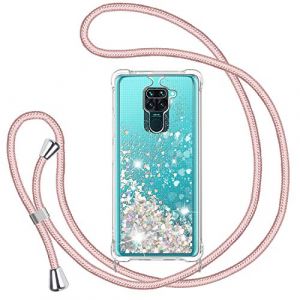 Glitter Liquide Collier Coque pour Xiaomi Redmi Note 9, Glitter Silicone Paillette Étui Protection TPU Bumper Liquide Housse, Bling Transparent Case avec Réglable Tour de Cordon -Or Rose (TUUTPU, neuf)