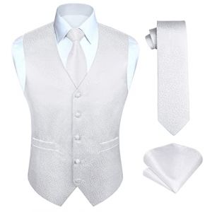 HISDERN Gilet de mariage blanc pour hommes Paisley gilets Jacquard cravate poche carré mouchoir fête de mariage affaires Fit gilet costume ensemble M (hisdern, neuf)