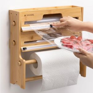 Navaris Distributeur Papier Aluminium et Film - Derouleur Film Alimentaire Papier Aluminium avec Support Essuie Tout en Bambou 37,5 x 35 x 10,5 cm - Rangement Mural Film Etirable (SX-Commerce, neuf)