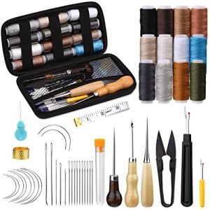 Kit couture cuir outils de maroquinerie, 48 pi&egrave;ces kit de couture manuel pour cuir avec aiguille fil de rembourrage, poin&ccedil;on &agrave; coudre, d&eacute;couseur pour r&eacute;paration bricolage (Wamkon, neuf)