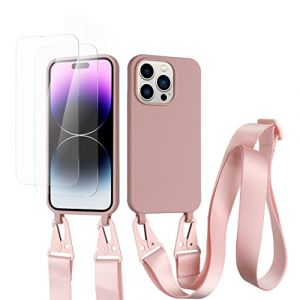 vrupin Coque Compatible avec iphone 14 Pro+[2 pcs Protecteur d'&eacute;cran],&Eacute;tui en Silicone Liquide, avec Sangle r&eacute;glable, Collier et Cordon de Serrage&mdash;Couleur Lotus (Vrupin EU, neuf)