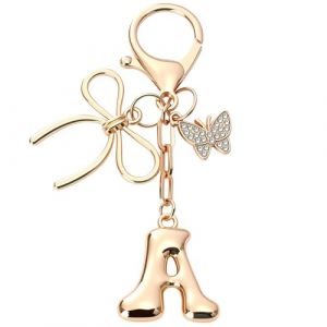 Porte-cl&eacute;s Lettre A Dor&eacute; avec Papillon et N&oelig;ud &ndash; Bijou de Sac Initiale Alphabet, Porte Cl&eacute; Personnalis&eacute; Femme, Charm Sac &agrave; Main &Eacute;l&eacute;gant, Accessoire Mode Porte-Clef Initial pour, Cadeaux pour femmes (STUG, neuf)