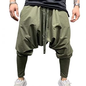 ORANDESIGNE Pantalon Sarouel Confortable à Taille Elastique pour Homme Couleur Unie Style Décontracté Yoga Hippie Pantalon Bouffant de Loisir Ample Hippie Baggy C Vert XXL (Wowmart Zoo X., neuf)