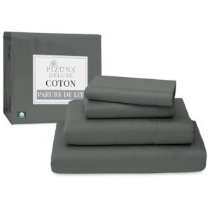 Pizuna 100% Coton Parure de Lit 180x200 cm Gris Fonce, Tissu de Satin de Coton à 600 Fils au Pouce carré Comprend 1 Drap Housse, 1 Drap Plat, 2 Taie d'oreiller (Coton Draps 2 Personnes) (Pizuna Linens, neuf)