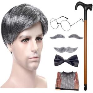 Cosplay de vieil homme, Costume de grand-père pour hommes, taille adulte,8 pièces/ensemble perruque de vieil homme, perruques de grand-père - Perruque canne de marche, lunettes, Faux sourcils, moustac (yanguo, neuf)