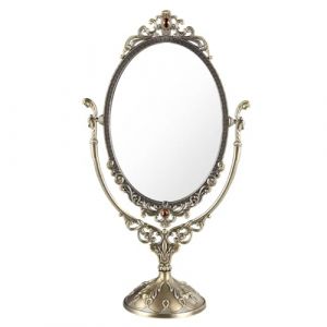 FUIBEJAE Petit miroir de maquillage vintage en m&eacute;tal, ovale, sur pied, pivotant, double face, miroir portable pour coiffeuse, miroir autonome pour table de chambre ou salle de bain (SHUOCHENGUK, neuf)