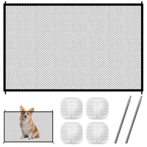Barri&egrave;re en Maille pour Chien 110 x 72cm avec 4 Crochets Adh&eacute;sifs et 2 Tiges M&eacute;talliques, Barriere de Securite Chien sans Percage pour Escaliers Portes Couloirs Int&eacute;rieur Ext&eacute;rieur, Cuisine (jiayongrui, neuf)