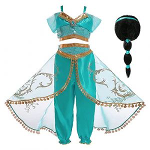 Eleasica Fille Aladdin Jasmine Princesse Cosplay Costumes 2pcs Ensembles Pantalons Conte de F&eacute;e D&eacute;guisement Bleu Respirant Halloween No&euml;l Anniversaire Carnaval F&ecirc;te Cosplay,Perruque,110 (Eleasica, neuf)