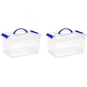 Acan Tradineur Lot de 2 boîtes de rangement transparentes avec poignée bleue, en plastique, pour jouets, livres, vêtements, couvertures - N° 9 - 18 x 34 x 27 cm - 12 litres (TRADINEUR, neuf)
