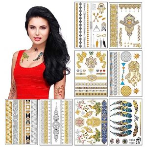Transfert Temporaire M&eacute;talliques Tatouages Pour Les Femmes Teens Filles - 8 Feuilles Or Argent Tatouage Temporaire Briller Bijoux Tatouages - 100 + Couleur Faux Tatouage Imperm&eacute;ables Autocollants (Sovereign-Gear, neuf)