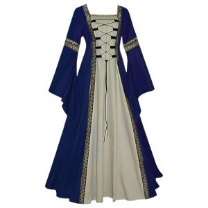 Feynman - Robe femme médiévale, à manches trompettes - Reine victorienne - Robe maxi, de Renaissance gothique - Costume de Carnaval, Halloween, Fête, Princesse - Bleu foncé - L (Feynman-EU, neuf)
