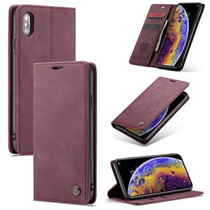owlhold Coque iPhone X/iPhone XS, Housse Antichoc en Cuir PU Premium Fentes Cartes Etui Pochette de Portefeuille avec Fonction Support Case à Rabat pour iPhone X/XS - Vin Rouge (owlhold, neuf)