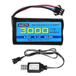 AMZZN 7.4V 3000mah 15C 2S SM-3P Plug Li ion batterie avec chargeur USB pour DE43 DE60 9500E RC v&eacute;hicules et camions Huina 1575 RC v&eacute;hicule d'ing&eacute;nierie RC jouet voiture de sauvegarde batterie (liangzhidian, neuf)