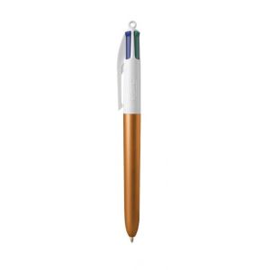 BIC - 1 Stylo Bille Rechargeable 4 Couleurs Classiques (Noir, Rouge, Vert, Bleu) - Pointe Moyenne - Collection Shine - Corps Couleur Orange Mat (Papeterie Libellus, neuf)