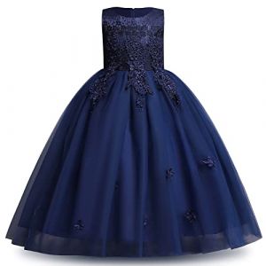 IWEMEK Enfants Filles Robe Mariage Tulle Dentelle Robe Princesse Longue Fleur Brod&eacute;e Soir&eacute;e Demoiselle d'honneur Robe Tutu sans Manches pour Pageant F&ecirc;te Anniversaire Carnaval Bleu Fonc&eacute; 11-12 Ans (IWEMEK, neuf)