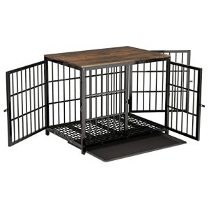 Meuble Cage Chien Intérieur Bois: Caisse en Métal pour Chien Grande Taille avec 3 Porte et Plateau Amovible - Cages pour Chiens Maison Noir 91x63x74cm (WISFORBEST, neuf)