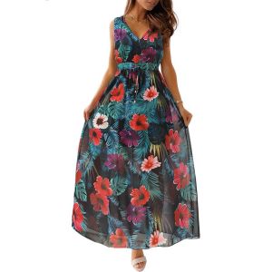 Joligiao Robe Longue Femme Robe d'été Robe de Plage Décolleté en V Impression de Plantes Tropicales Elegant Maxi Robe Robe de Soirée sans Manches Party Soirée(Rouge,XL) (YonYee, neuf)