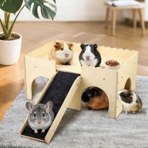 Cachette pour Cochon d'Inde - Jouet en Bois pour Cochon d'Inde - avec escalier et Tapis - 2 Animaux - pour Hamsters, Lapins et Chinchillas (YOUWEN LIMITED, neuf)