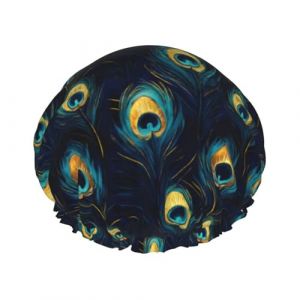 Grand bonnet de douche r&eacute;utilisable pour femme &ndash; Tendance et confortable &ndash; Imprim&eacute; plumes de paon double couche pour la douche avec corde &eacute;lastique et doublure en PEVA (Vosery, neuf)