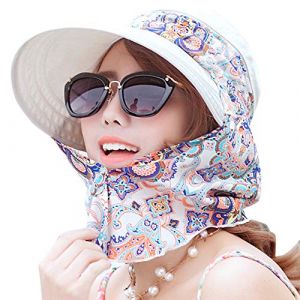 Femme Casquette Visi&egrave;re Large Bord Chapeau de Soleil Plage Voyage Et&eacute; Capeline de Camping P&ecirc;che V&eacute;lo Jardinage Pliable Protection Solaire Compl&egrave;te avec Foulard Prot&egrave;ge-nuque D&eacute;tachable UPF 50+ Anti-UV (QICHENGUK, neuf)