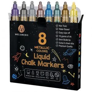 Welsberg Lot de 8 Marqueurs à Craie Liquide Métallique Effaçables, Pointe de 5 mm, Stylos Craies Liquides pour Tableau Noir, Tableau Blanc Fenêtre, Verre avec Encre Jumbo 10 grammes (FlashFire DE, neuf)