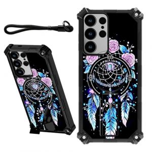 DIGTIALL Coque pour Samsung Galaxy S24 Ultra 6,8" avec dragonne et support caché - Pour homme et femme - Double couche - Résistante aux chocs - Motif attrape-rêves - Roses roses (Xiamen Lingpei Trading Co., Ltd, neuf)