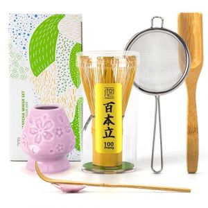 TEANAGOO Lot de 6 fouets à matcha traditionnels, fouet à 100 dents avec support en fleur de cerisier violet, cuillère à thé, chasen en bambou, accessoire de cérémonie, cadeau pour ami/famille (TEANAGOO, neuf)