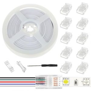 JAMHER 10 Pi&egrave;ces LED Strip Connector RGB Lights Adapter Lighting Pin Connecteurs clairs sans fil Gapless Track Lighting Connector avec 5M/16.4ft c&acirc;ble(5 PIN 10 MM) (JAMHER, neuf)