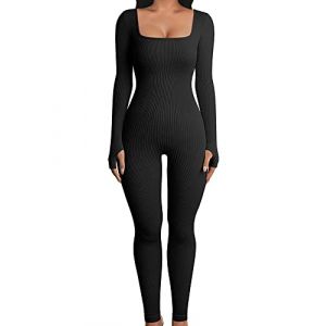 ensswliz Combinaison moulante une pi&egrave;ce pour femme - Combinaison de yoga c&ocirc;tel&eacute;e &agrave; manches longues - Combinaison de sport, b-noir, S (ensswliz, neuf)
