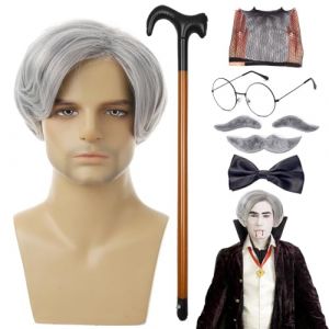 Ensemble de perruques de vieil homme, cosplay de vieil homme - Kit de costumes de grand-père 8 pièces/ensemble | Perruque canne de marche, lunettes, Faux sourcils, moustache artificielle, nœud papillo (waniny, neuf)