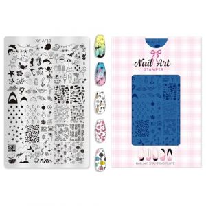 Outil de tampon pour ongles avec plusieurs motifs Grille g&eacute;om&eacute;trique et motif de fleur de lune - Plaque de tampon en acier pour manucure f&ecirc;te manucure accessoires de tampon (LINLINOK, neuf)