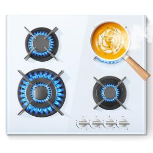 SNDOAS Plaque de Cuisson Gaz 4 Feux Verre Blanc, Plaque Gaz 4 Feuxs Encastrable, Table de cuisson 8060W,NG/LPG, Verre tremp&eacute; & S&eacute;curit&eacute; Thermocouple (Yunyi Home Tech, neuf)