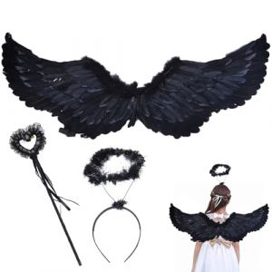MORAINJAY Ailes d'ange avec Auréoles,Déguisements Magiques pour Halloween,Carnaval et Fêtes Costumées,Ailes Noires avec Auréoles,Baguettes Magiques et Accessoires pour Enfants et Adultes (Démon Noir) (Salty-Doggie, neuf)