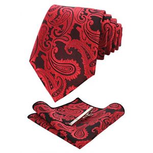 JEMYGINS Cravate Homme Rouge noir en Soie Paisley et Pinces à cravate et Carre de poche Emsemble (JEMYGINS Tie Official Store, neuf)