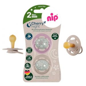 NIP Cherry Night Lot de 2 tétines rondes lumineuses, couleur Cherry Night 6 à 36 mois, bouton brille longtemps dans l'obscurité, durables, douces pour la peau (babywaren24, neuf)