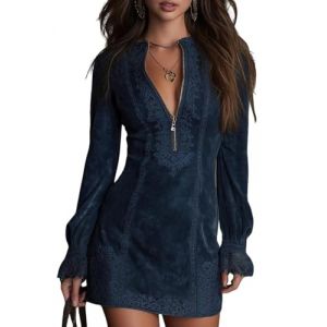 Mini robe vintage en daim synth&eacute;tique &agrave; imprim&eacute; floral pour femme, manches longues, fermeture &eacute;clair, dentelle, robe courte moulante &agrave; col en V pour femme, bleu, S (DaDaShop, neuf)