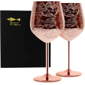 SKY FISH Verres à Vin Rouge, Ensemble de 2 Verres à Pied en Acier Inoxydable, 480ml (Plaqué Cuivre) (VKING HOME GIFT, neuf)