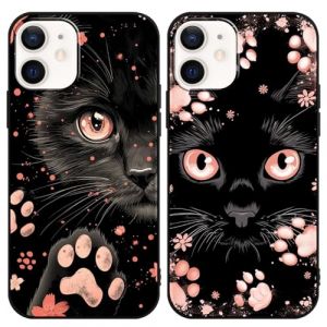 Yimctoie 2 Pi&egrave;ces Coque pour iPhone 12 Mini 5.4",Mignon Kawaii Noir Chaton Cute Cat Animal Cover de T&eacute;l&eacute;phone,Aesthetic Patte de Chat Rose Antichoc Silicone TPU Protection Phone Case (JOSS SKELTON, neuf)