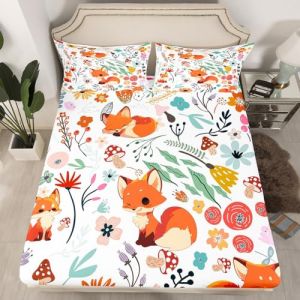 Homewish Drap-Housse 150x200 Enfant 2 Personnes, Drap Housse Renard Mignon pour Ado Fille Garçon, Drap de Lit Feuilles Fleurs Champignons, Housse de Matelas Animaux de Dessins Animés (Suzhou yiyanyun e-commerce Co., Ltd, neuf)