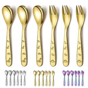 Evanda Couverts pour enfants en or, rev&ecirc;tement or titane 6 pi&egrave;ces ensemble de couverts pour enfants en acier inoxydable, avec fourchettes et cuill&egrave;res, vaisselle ronde lisse polie miroir (Shenzhenshi Yiwangda Jiajuyongpin Youxiangongsi, neuf)