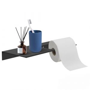 Porte-papier toilette autocollant avec étagère, 28 x 12,5 x 3,5 cm, sans perçage, support mural pour rouleaux de papier toilette, distributeur en métal inoxydable pour salle de bain (noir) (TNTGMG, neuf)
