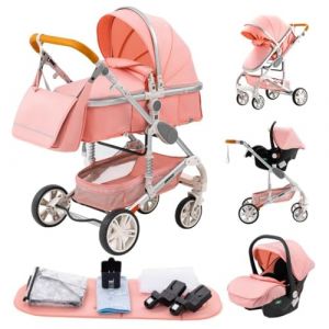 GLOKID Poussette 3 en 1，Poussette Canne，Trio，Avec Siège Accessoires，Adaptateurs Universels，Landau Bébé jusqu'à 25 kg，4 roues avec amortisseurs，Nacelle，Grandes Roues，pliage d'un clic (739 Rose) (EUCHILDREN, neuf)