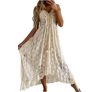 Générique Robe Longue Femme Ete Boheme Chic et Elegant Robe de Plage Dentelle avec Pompon Col en V évasé à Volants Bretelles Spaghetti Sexy Dos Nu Robes Trapeze Legere Fluide, Beige, XXL (Zawalud, neuf)