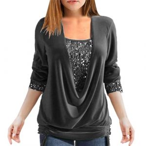 Zeiayuas Chemisier Femme Paillettes Strass Femme Sexy SoiréE Haut Faux Deux Pièces Ample à Smocks et Col en U à Sequins Chemisiers Blouses Femme Manche Longue Chemisier Femme Chic Et éLéGant (⭐⭐⭐⭐⭐Zeiayuas, neuf)