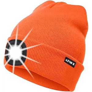 ATNKE LED Bonnet Lampe Frontale,USB Rechargeable Chapeau de Course Ultra Lumineux 4 LED &Eacute;tanche Lumi&egrave;re Hiver Chaud Phare Cadeaux pour Hommes et Femmes/Bright orange (Memorye, neuf)