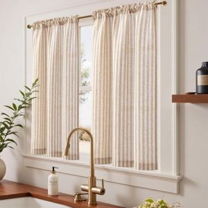 TOPICK Rideau Cuisine Court Brise Bise Lin Cache Placard Chambre &agrave; Rayures, Marron sur Beige 65 x 90cm (L x H) pour Cuisine Placard Fenetre, Rideaux Brise-Bise &agrave; Passe Tringle Translucides, 2 Panneaux (Audrey Home Fashion, neuf)