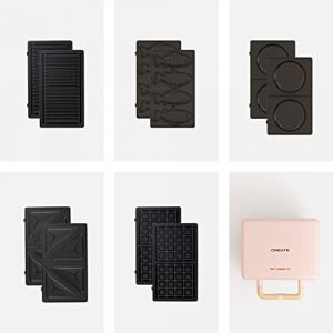 CREATE/STONE STUDIO/Appareil à croque-monsieur Rose pastel / 5 plaques interchangeables : Grill, Gaufre, Sandwich, Taiyaki et Crêpes, antiadhésif, ouverture à 100º, arrêt automatique, rétro, 800W (CREATE, neuf)